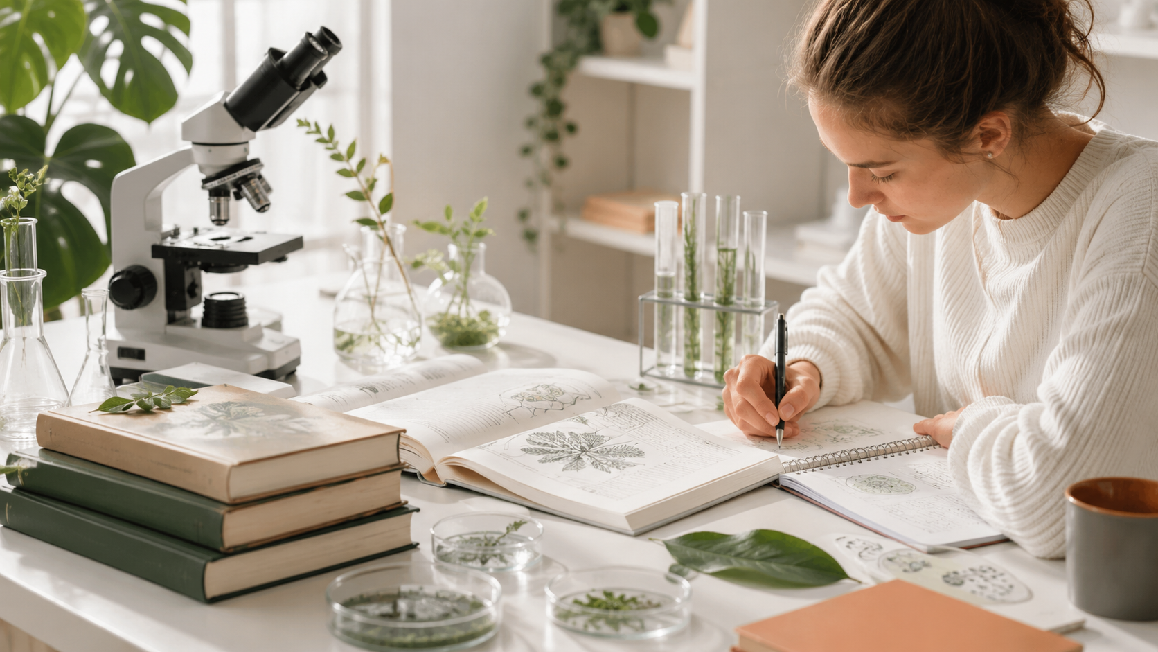 Biologiestudent werkt aan een labtafel met microscoop, plantenmateriaal en studieboeken