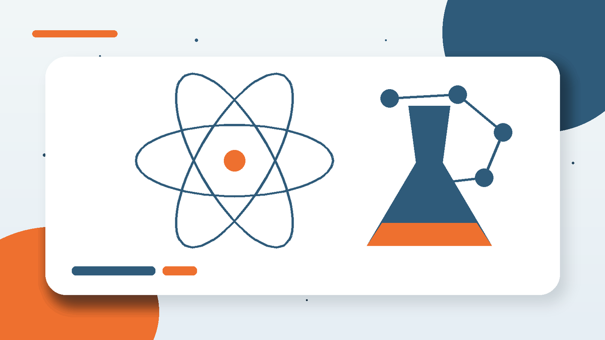 Illustratieve blogheader voor exacte wetenschappen met atoom, laboratoriumfles en moleculaire structuren