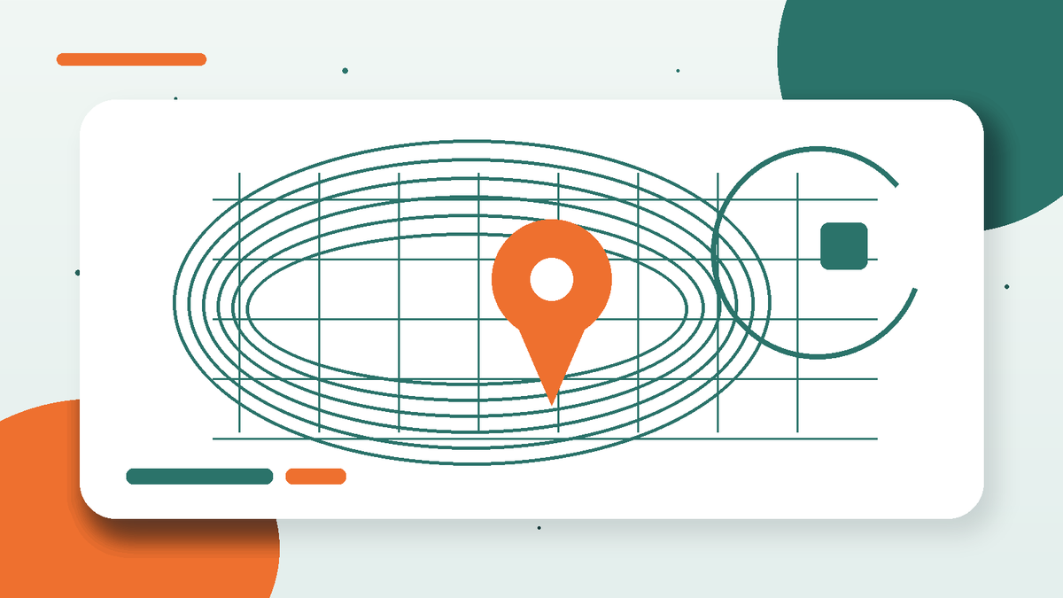 Illustratieve blogheader voor geografie en GIS met kaartlijnen, raster, locatiepin en satelliet