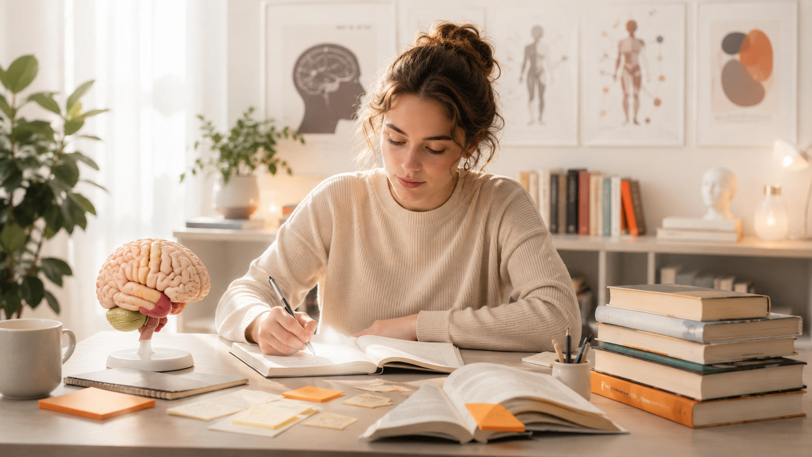 Psychologiestudent studeert met boeken, notities en een hersenmodel