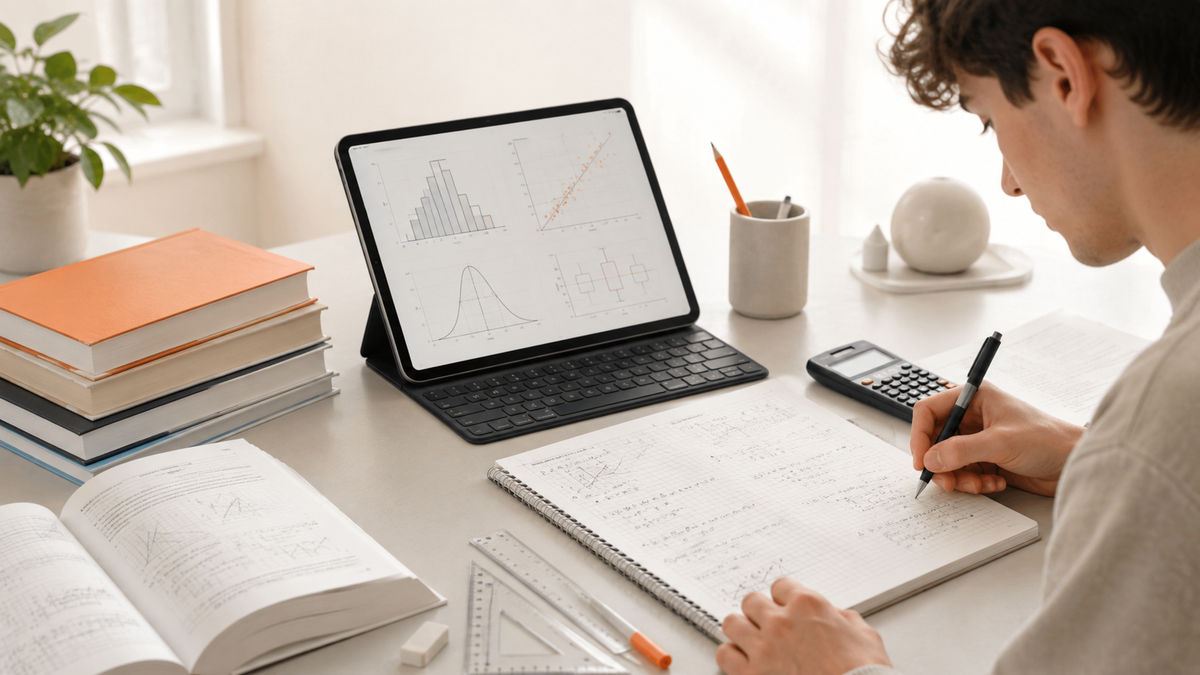 Student wiskunde en statistiek werkt met formules, grafieken, rekenmachine en studieboeken