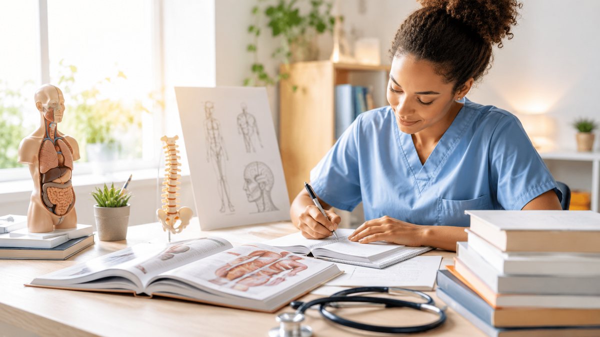 Student zorg en gezondheid werkt met anatomieboeken, stethoscoop en medische modellen
