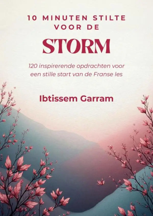 De boekcover van 10 minuten stilte voor de storm toont een rustige roze en blauwe achtergrond met bloesemtakken voor een rustige start van de franse les
