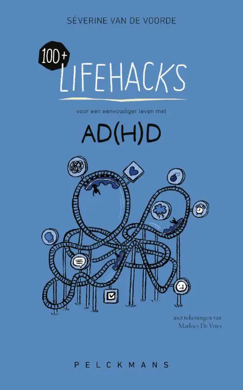 Blauw boek met zwarte lijntekening van iconen op cover voor eenvoudiger leven bij adhd met 100+ lifehacks