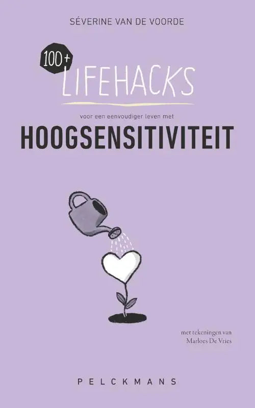 Paarse boekomslag met een minimalistische afbeelding van een grijze gieter die water geeft aan een hartvormige plant voor eenvoudiger leven