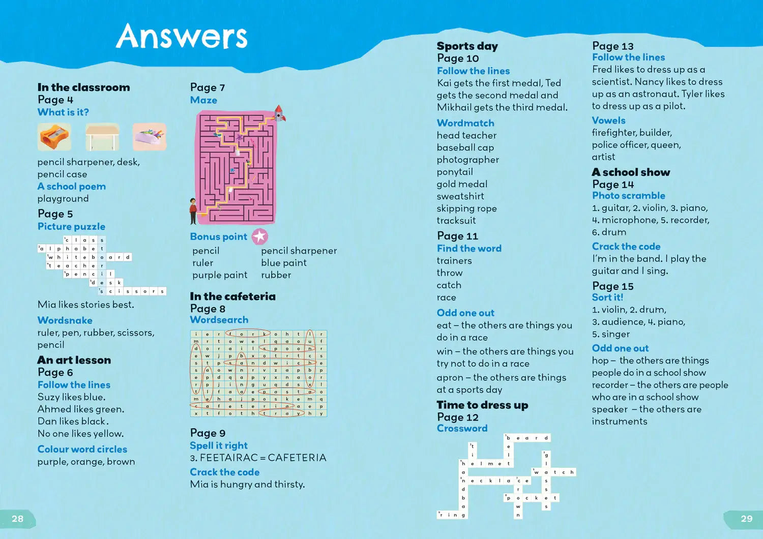 Het 1000 english words activity book at school toont een kindvriendelijke pagina met puzzels en woordspellen op lichtblauwe achtergrond