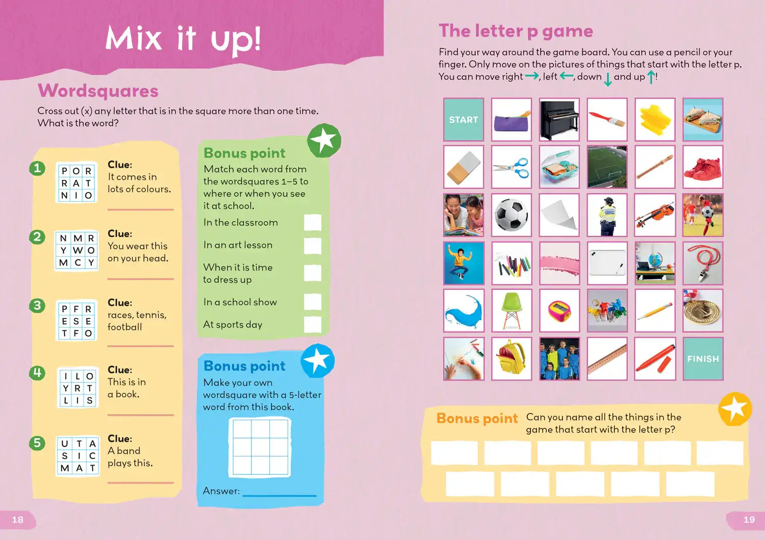 Roze educatief activiteitenpagina met letter p matchspel uit 1000 english words activity book voor lezen en schrijven