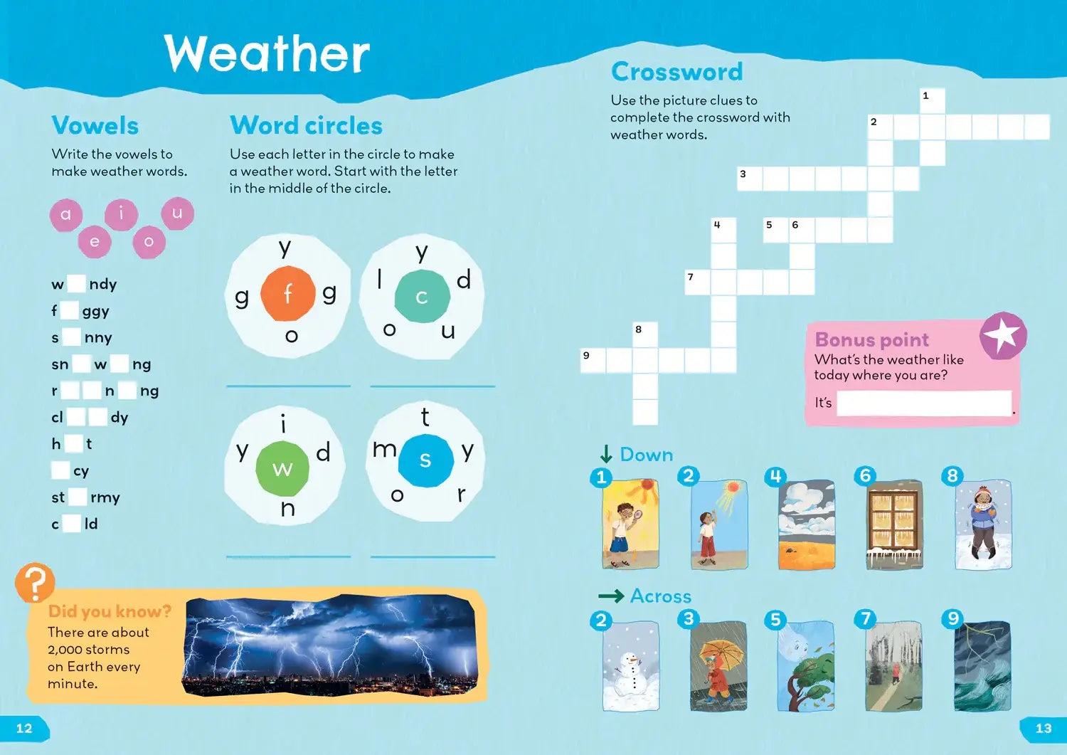 Educatief woordenactiviteitboek met kleurrijke weerwoordenschat en kruiswoordpuzzels voor lezen en schrijven