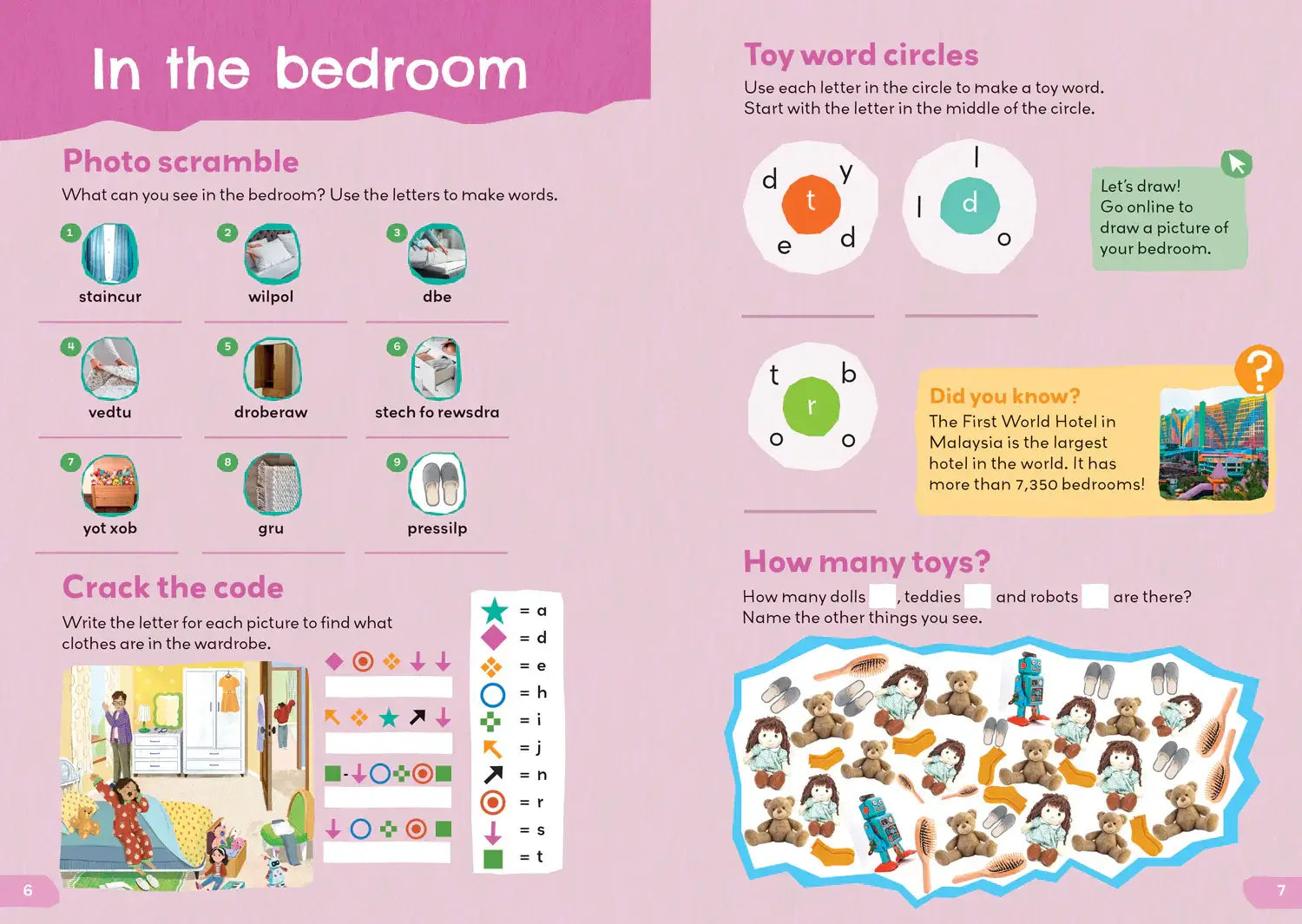 Roze kinderactiviteitenboek pagina met educatieve spelletjes en illustraties in 1000 english words activity book our home vanaf 21 05 2026