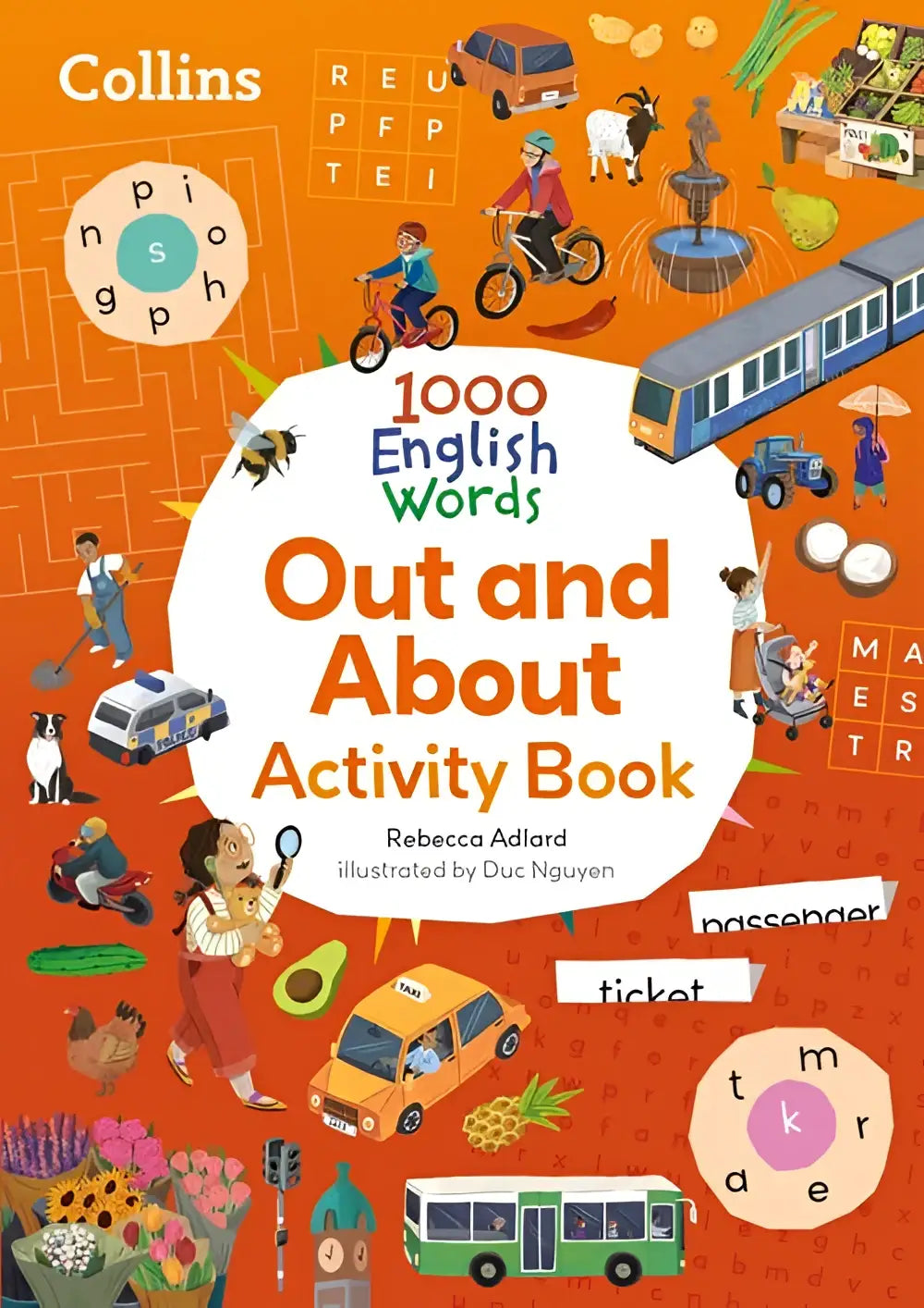 Orange-covered activity book titled 1000 english words out and about by collins with colorful vehicle and animal illustrations