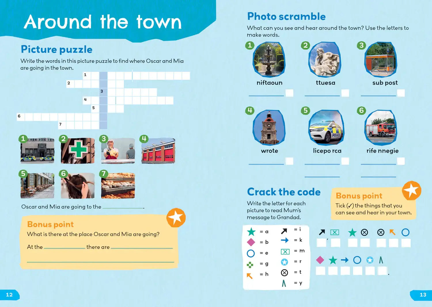De achterkant van 1000 english words activity book out and about toont kinderpuzzels zoals fotoverwarring en woordzoeker