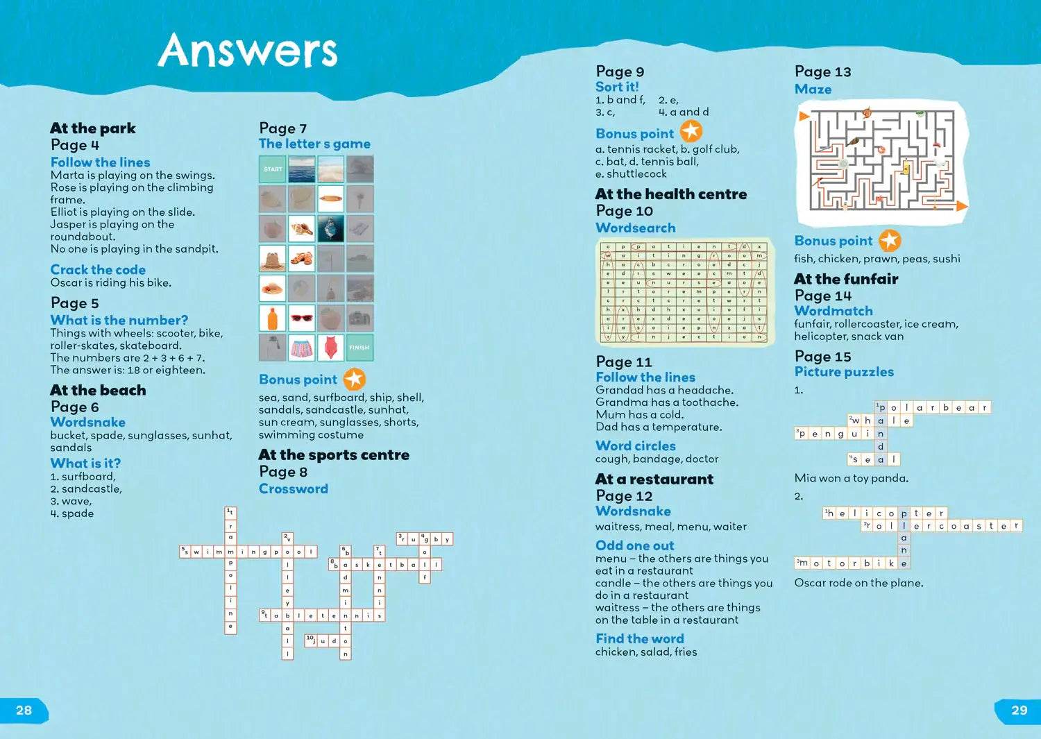Blauw engels woorden activity boek pagina met kleurrijke puzzels en woordzoekers in activity book places we go