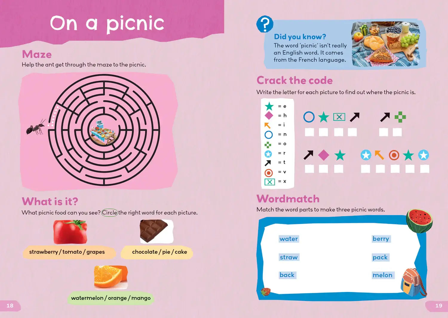 Roze pagina met zwarte doolhof codepuzzel en woordmatch activiteit voor kinderen in engels woorden activity places boek