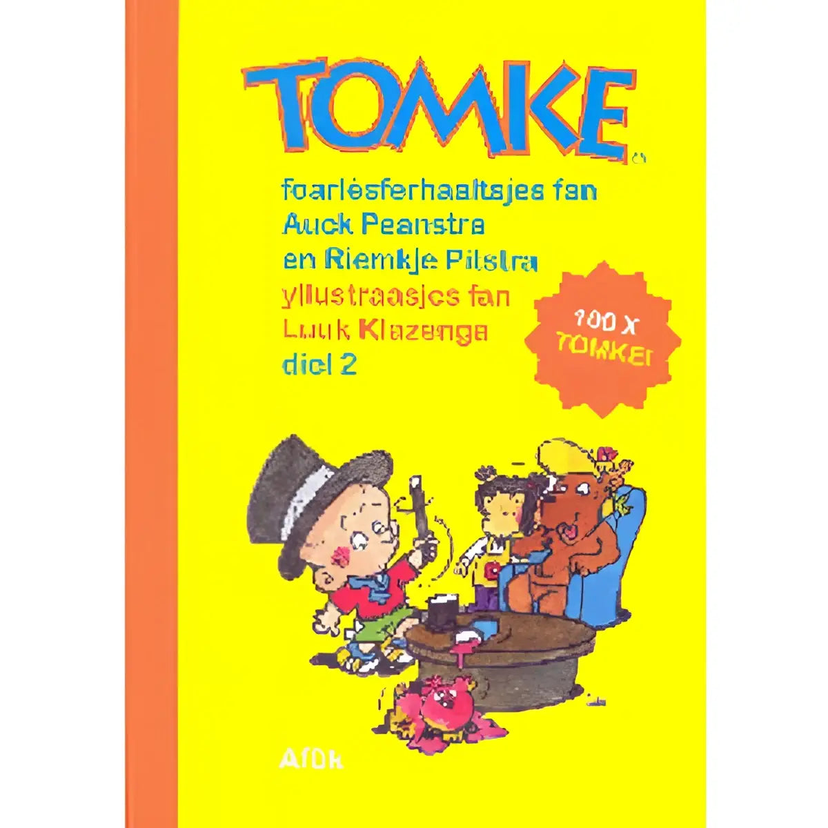Heldergele boekcover van 100x tomke met blauwe titel en illustraties van fan auck peanstra koarte foarlêsferhaaltsjes
