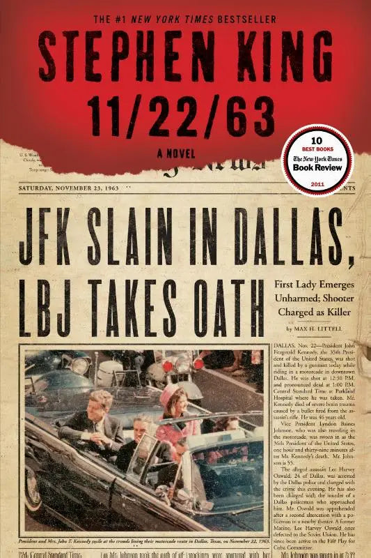 De cover van stephen kings novel 11/22/63 met een vintage krantenkop in zwart en rood op beige papier