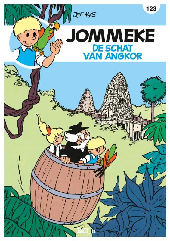 De jommeke comic boekcover de schat van angkor toont houten vat met drie personages door weelderige jungle jef nys algemeen publiek