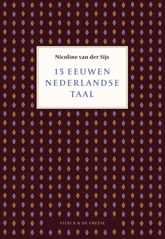 Boekcover van 15 eeuwen nederlandse taal met dieprode achtergrond en goud-lavendel gestileerde ganzenveren patroon
