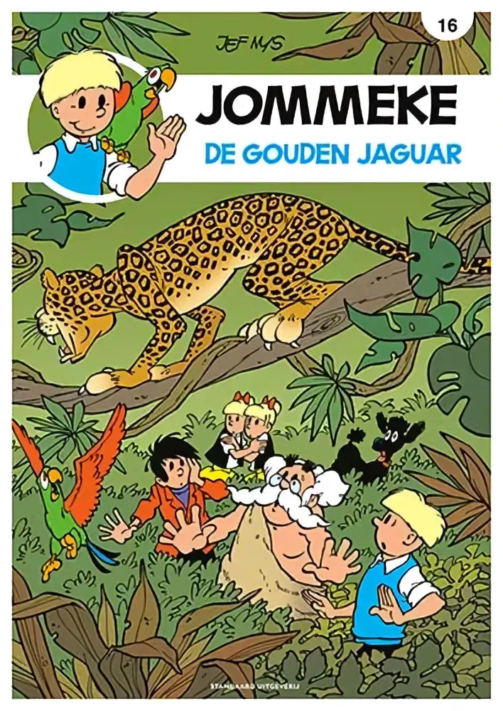 De cover van de strip jommeke 16 de gouden jaguar toont een gouden jaguar in een groene jungle illustratie door jef nys