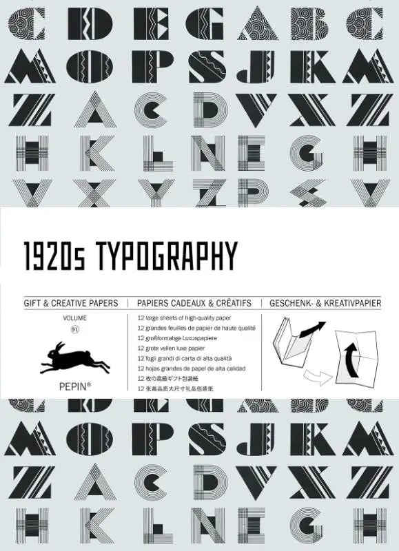 Zwarte en witte typografische kunst boekomslag met ingewikkelde geometrische patronen in 1920s typography stijl
