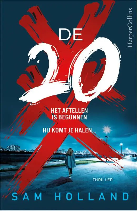 De 20 boekcover met opvallende rode en witte x20 graphic op donkere blauwe stad en titel in witte letters