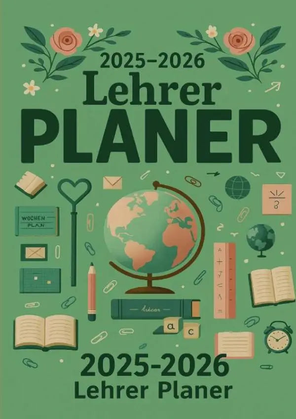 Groene geïllustreerde lehrer planer schulplaner met wereldbol, boeken en schoolmateriaal voor lesvoorbereiding 2025-2026