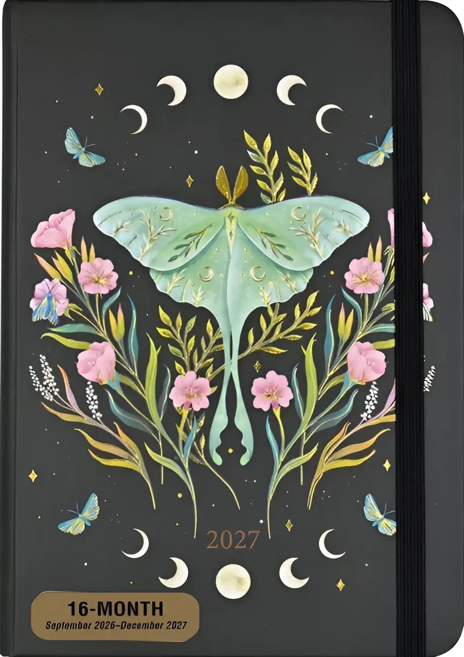 2027 luna moth weekly planner met zwart omslag en groene maanvlinder, roze bloemen en gouden bladeren