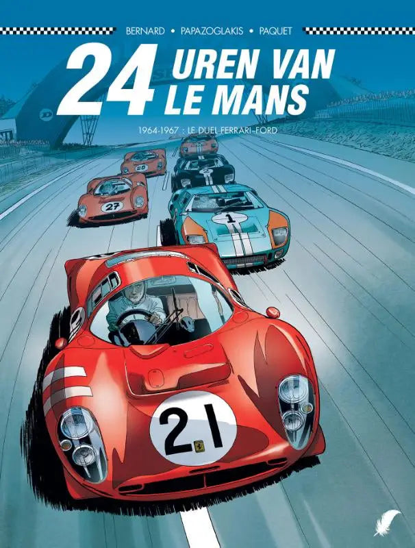 Dynamische illustratie van rode ferrari 250 lm raceauto met wit racenummer 21 in het duel ferrari-ford strips algemeen
