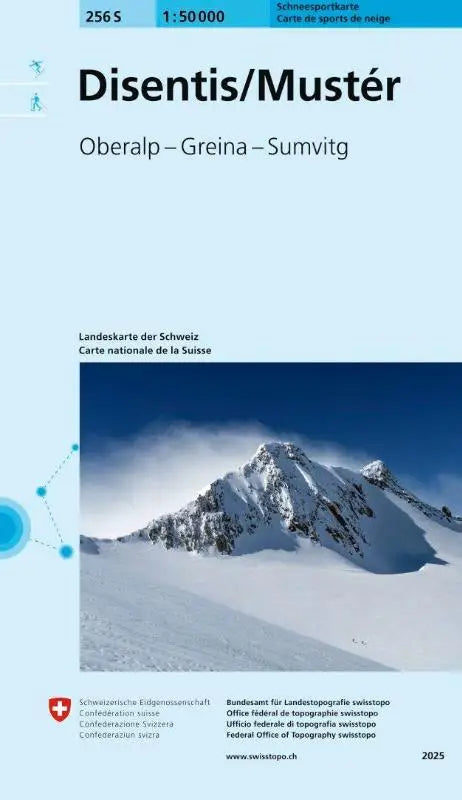 Sneeuw bedekt bergtop afgebeeld op de 256s disentis mustér schneesportkarte voor wintersportroutes