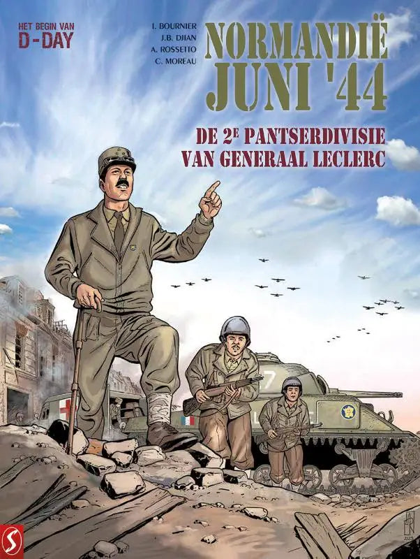 Illustratie van comicboekcover met generaal leclerc in uniform wijzend boven twee soldaten en een olijfgroen pantser van de 2de pantserdivisie