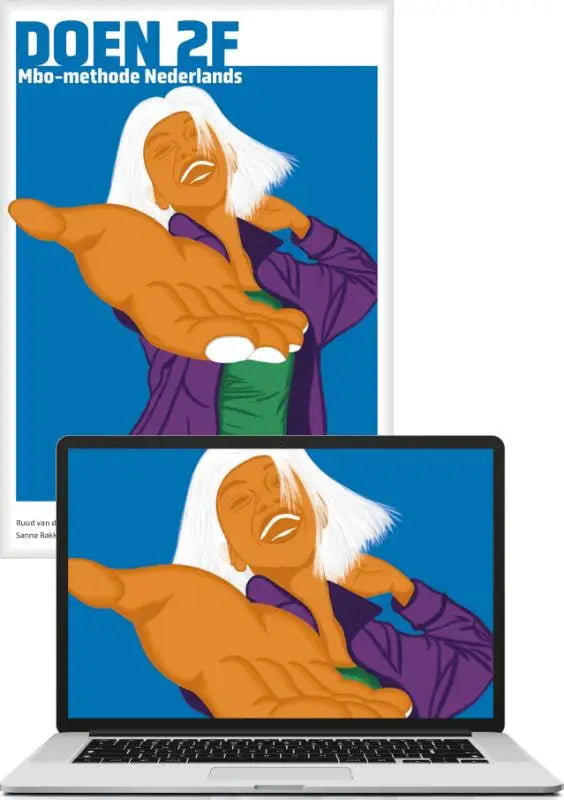 Een blauw poster met een gestileerde oranje figuur en wit haar boven een laptop, mbo-methode nederlands productdoel
