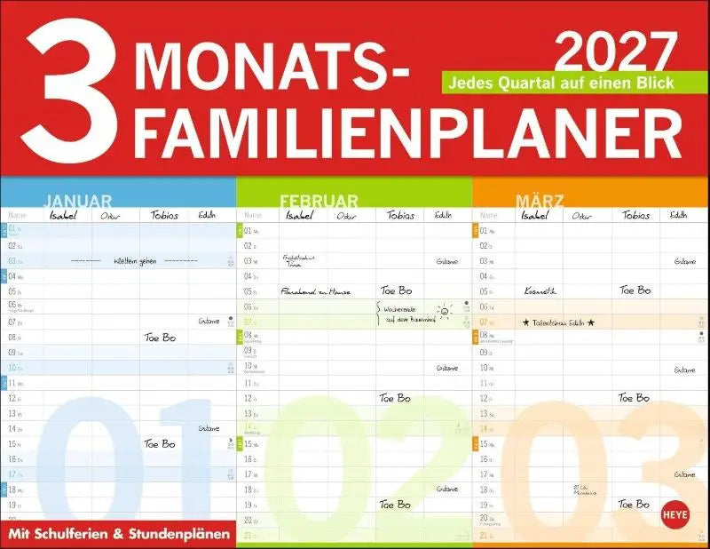 3-Monats-Familienplaner 2027 - Familienkalender mit 3 Monats-Übersicht. Praktischer Familien-Wandkalender mit viel Platz zum Eintragen. 44 x 34 cm