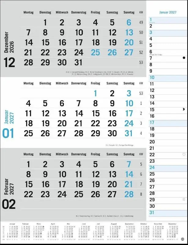 Minimalistische grijze en blauwe 3-monats-planer 2027 met deutschen weekday labels als praktischer wandplaner mit datumsschieber