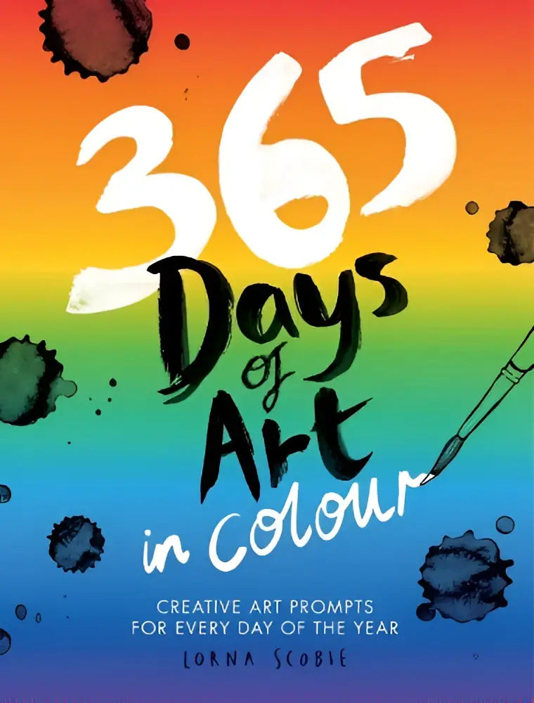 De boekomslag van 365 days of art in colour toont art prompts voor elke dag met witte en zwarte tekst op een regenboogachtergrond