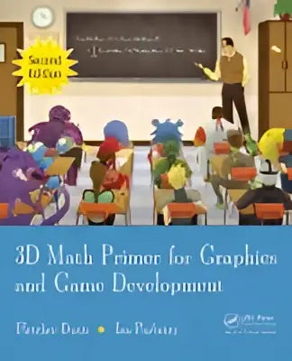 De 3d math primer for graphics and game development is een kleurrijke educatieve gids met cartoonfiguren op de omslag