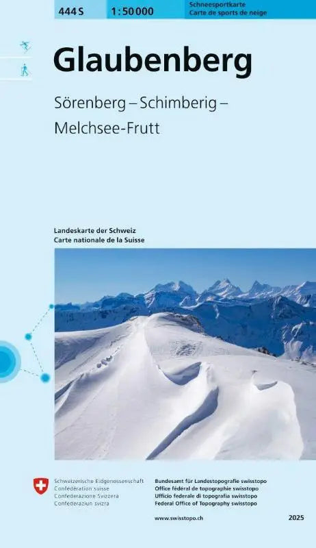 Een gedetailleerde blauwe en witte 444s glaubenberg schneesportkarte met sneeuwbedekte bergtoppen