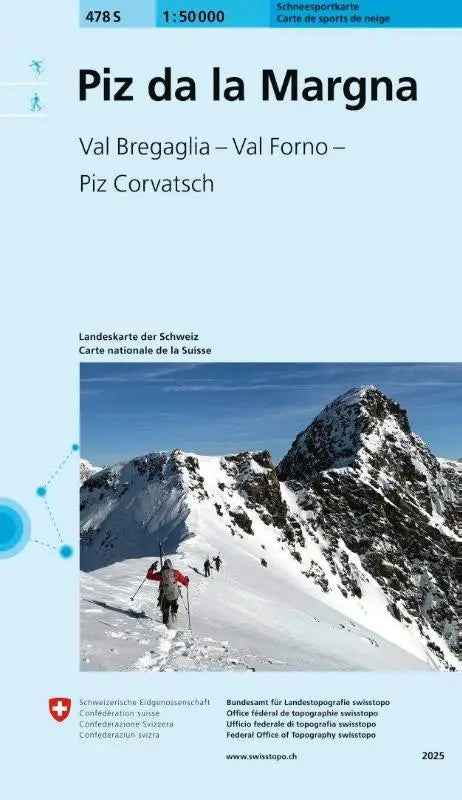 Lichtblauwe 478s piz da la margna schneesportkarte met sneeuw bedekte bergen en wandelaars in val bregaglia val forno