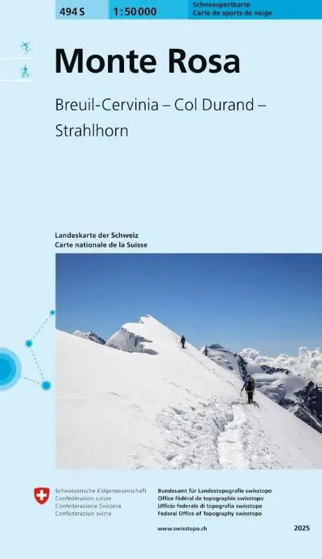 494s monte rosa schneesportkarte op lichtblauw papier met col durand sneeuwtop en wandelaars van monte rosa