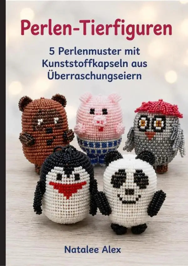 Boekcover met 5 niedliche tiere aus perlen van bruin, roze, grijs, zwart-wit en panda met stap-voor-stap handleiding