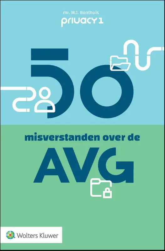 De boekcover van 50 misverstanden over de avg toont moderne typografie in donkerblauw op blauwgroene achtergrond, wolters kluwer nederland