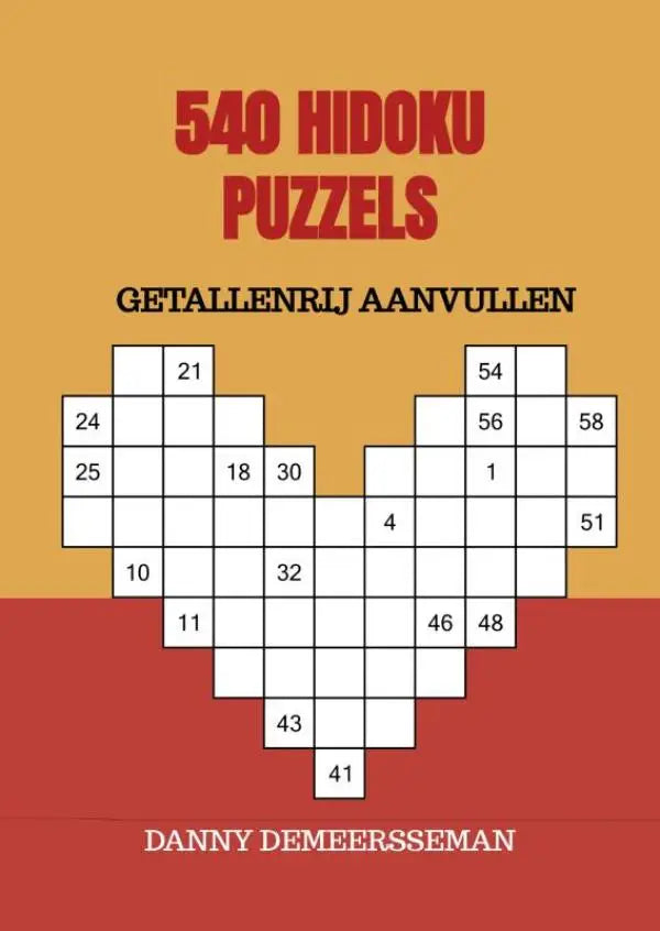 Hartvormig puzzelboek met 540 hidoku puzzels en getallenrij aanvullen, opvallend rood-oranje omslagontwerp