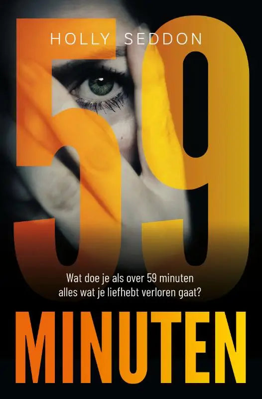 Afbeelding van het product 59 minuten met oranje en gele gradient nummer 59 en een zwart-wit oog op de achtergrond