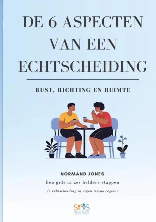 De boekcover van de gids de 6 aspecten van een echtscheiding toont heldere stappen met zwart tekst op lichtblauwe achtergrond en twee personen aan tafel