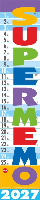 Supermemo Kalender 2027 - Streifenkalender fürs Büro. Langer Wandkalender mit einer Spalte zum Eintragen. Büro-Kalender 2027. Kalender vertikal zum Aufhängen. 17 x 85 cm