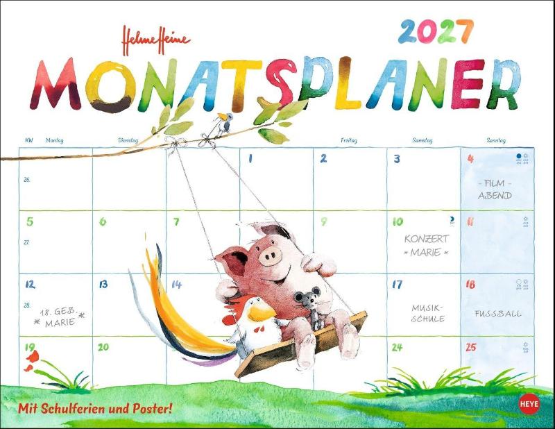 Helme Heine: Monatsplaner 2027 - Liebevoll illustrierter Wandkalender von Helme Heine mit den drei Freunden. Termin-Kalender 2027 zum Eintragen. 44 x 34 cm. Querformat.