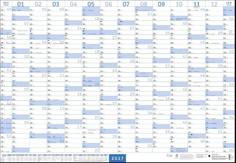 Mega-Posterplaner, blau 2027 - Großer Jahresplaner in blau. Wandkalender 2027 zum Eintragen. XXL Büro-Kalender mit Ferienterminen und Feiertagen. 68 x 98 cm