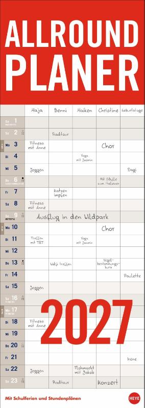 Allround-Familienplaner Vertical Kalender 2027 - Praktischer Wandplaner mit 5 Spalten. Großer Familien-Wandkalender mit Schulferien und 3 Stundenplänen. Terminkalender 2027.