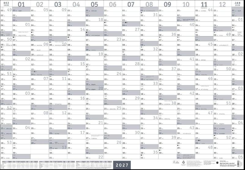 Mega-Posterplaner, silber 2027 - Großer Jahresplaner in silber. Wandkalender 2027 zum Eintragen. XXL Büro-Kalender mit Ferienterminen und Feiertagen. 68 x 98 cm