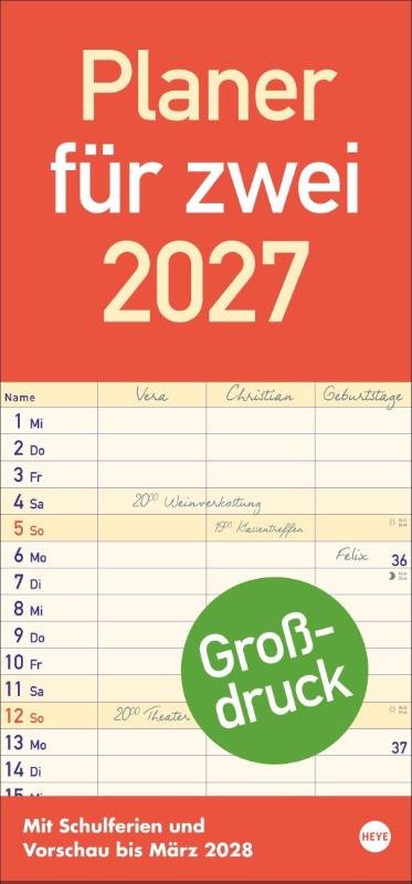 Großdruck Planer für zwei 2027 - Praktischer Wandplaner für 2 mit extra großer Schrift und 3 Spalten. Wandkalender mit Schulferien und 3-Monats-Ausblick. Terminkalender 2027