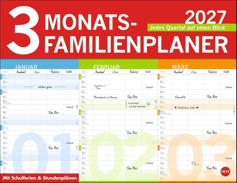 3-Monats-Familienplaner 2027 - Familienkalender mit 3 Monats-Übersicht. Praktischer Familien-Wandkalender mit viel Platz zum Eintragen. 44 x 34 cm