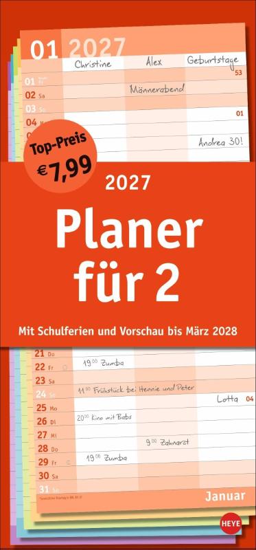 Basic Planer für zwei 2027 - Praktischer Wandplaner für 2 mit 3 Spalten. Wandkalender mit Schulferien und 3-Monats-Ausblick aufs Folgejahr. Terminkalender 2027 zum Eintragen.